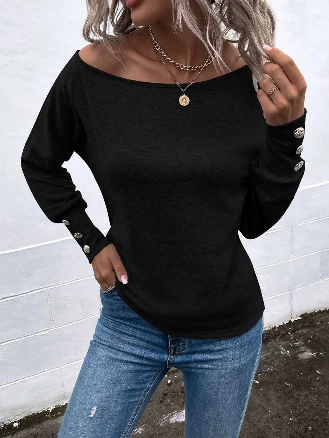 SweatyRocks Women's Cut Out Lantern Long Sleeve Tee Top Off Shoulder Plain Casual Holiday Spring Autumn Shirts