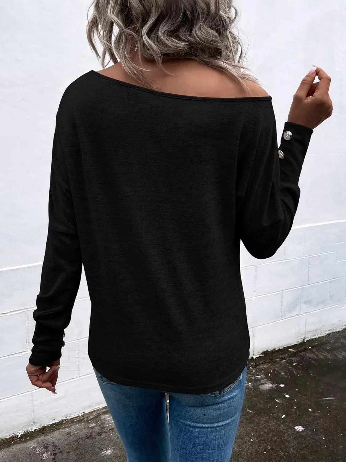 SweatyRocks Women's Cut Out Lantern Long Sleeve Tee Top Off Shoulder Plain Casual Holiday Spring Autumn Shirts