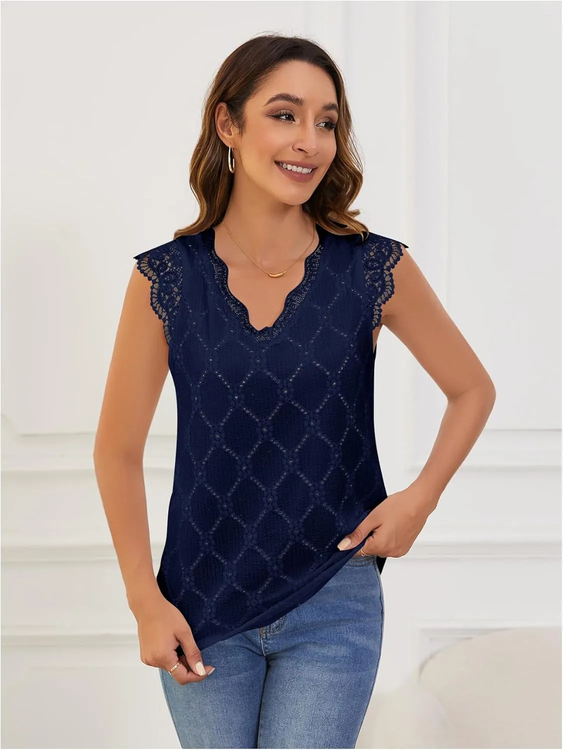 SweatyRocks Women's Floral Lace Scallop Trim Cap Sleeve Eyelet Embroidery V Neck Tee Shirt