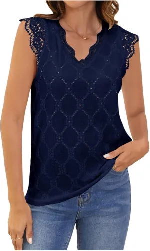 SweatyRocks Women's Floral Lace Scallop Trim Cap Sleeve Eyelet Embroidery V Neck Tee Shirt