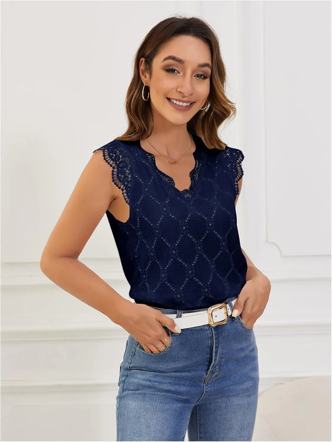 SweatyRocks Women's Floral Lace Scallop Trim Cap Sleeve Eyelet Embroidery V Neck Tee Shirt