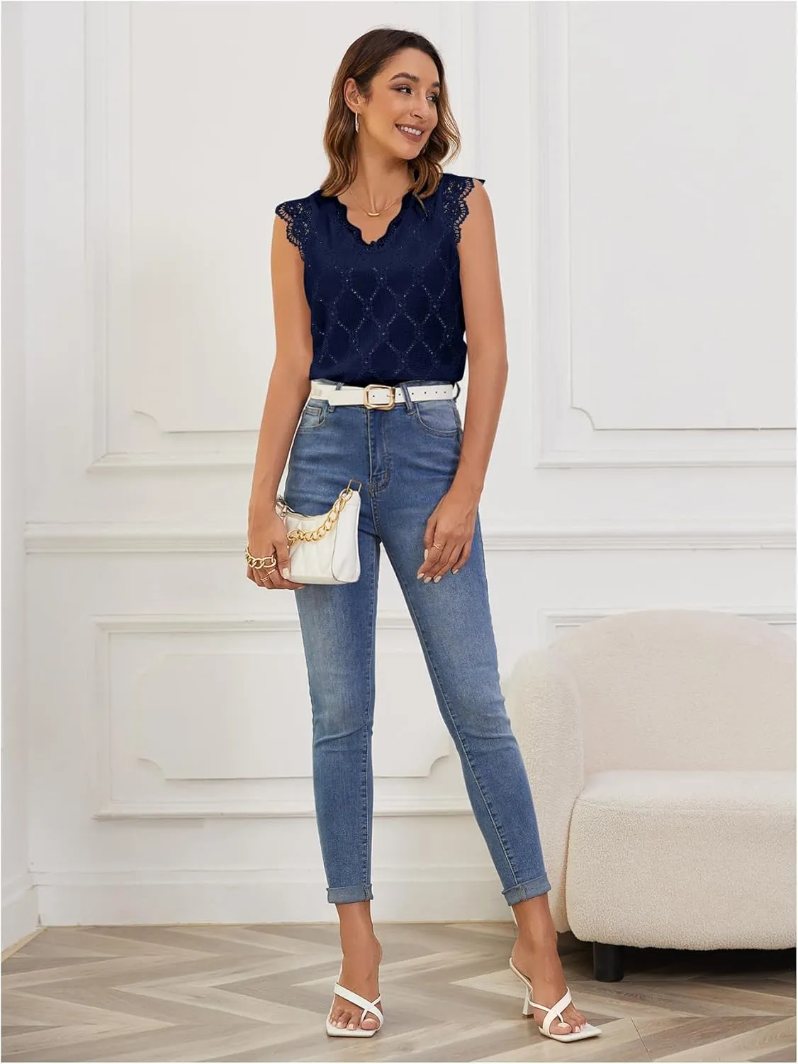 SweatyRocks Women's Floral Lace Scallop Trim Cap Sleeve Eyelet Embroidery V Neck Tee Shirt
