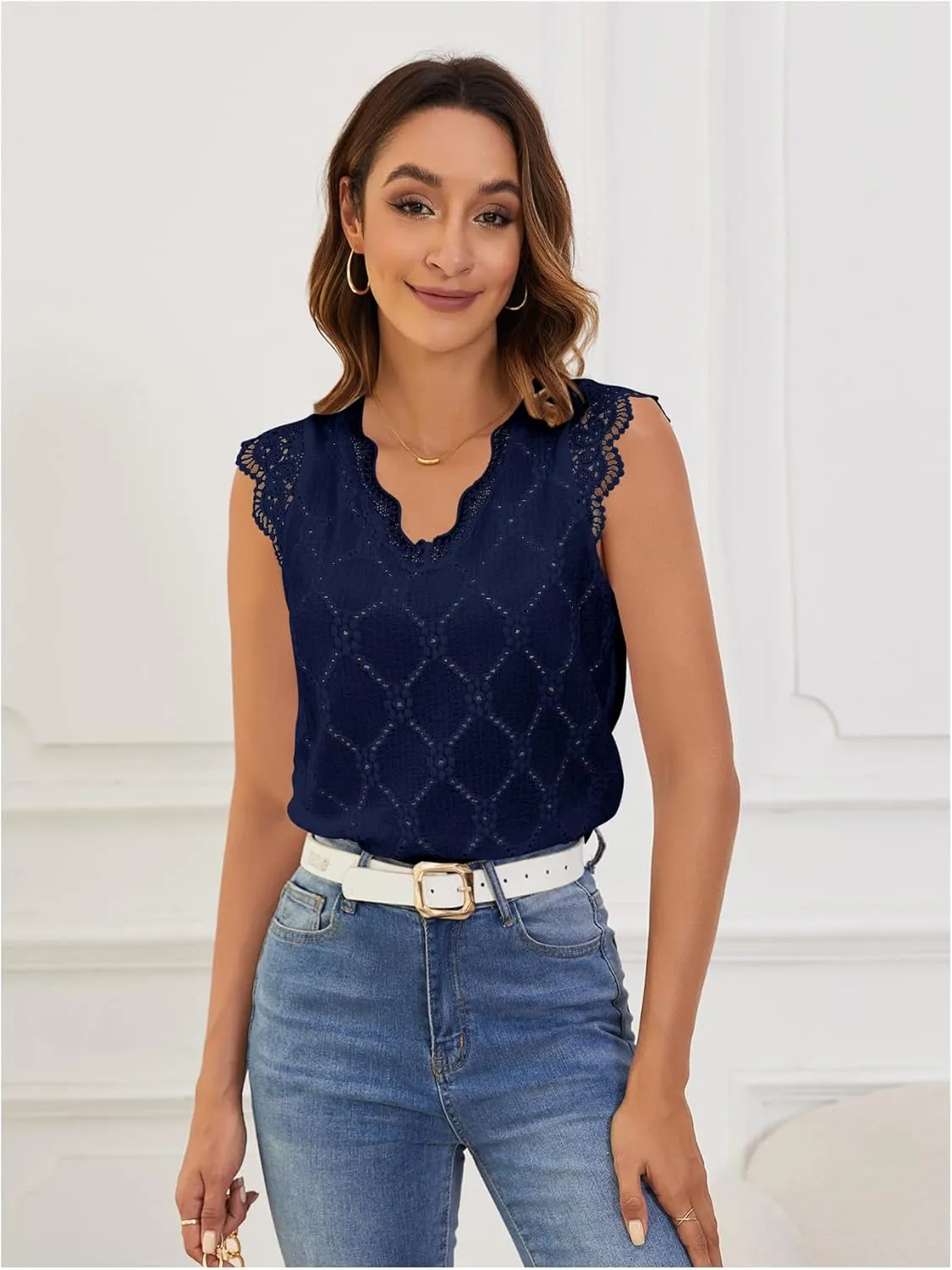 SweatyRocks Women's Floral Lace Scallop Trim Cap Sleeve Eyelet Embroidery V Neck Tee Shirt