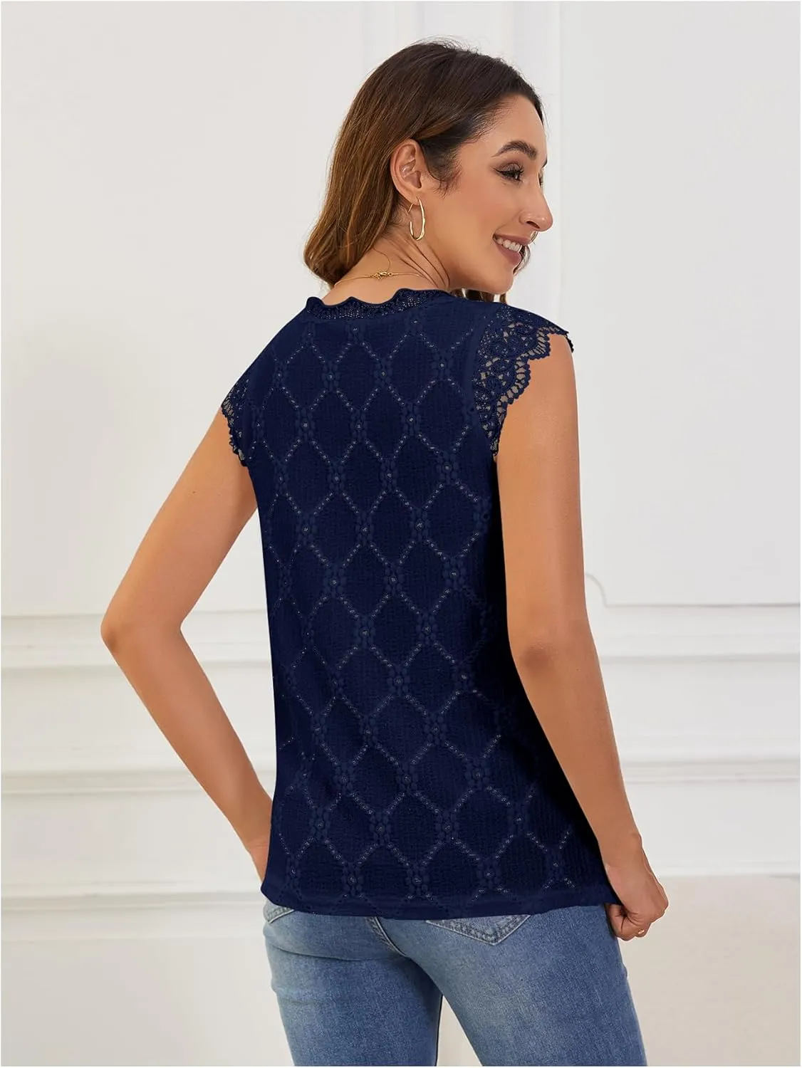 SweatyRocks Women's Floral Lace Scallop Trim Cap Sleeve Eyelet Embroidery V Neck Tee Shirt