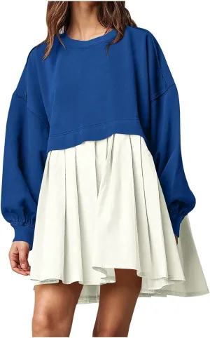 TANGNADE Women Oversized Sweatshirt Dress Long Sleeve Crewneck Patchwork Pleated Pullover Mini Dresses Fall Outfits 2024