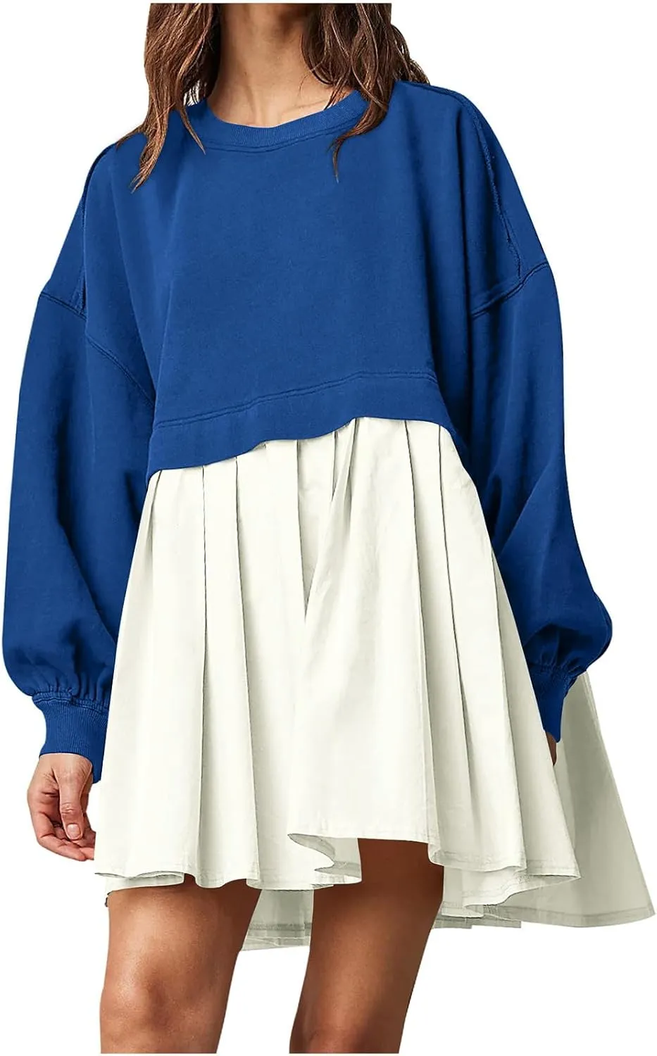 TANGNADE Women Oversized Sweatshirt Dress Long Sleeve Crewneck Patchwork Pleated Pullover Mini Dresses Fall Outfits 2024