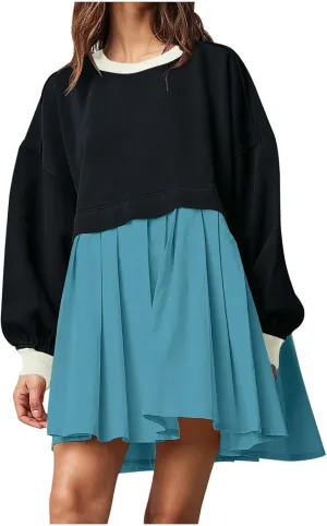 TANGNADE Women Oversized Sweatshirt Dress Long Sleeve Crewneck Patchwork Pleated Pullover Mini Dresses Fall Outfits 2024