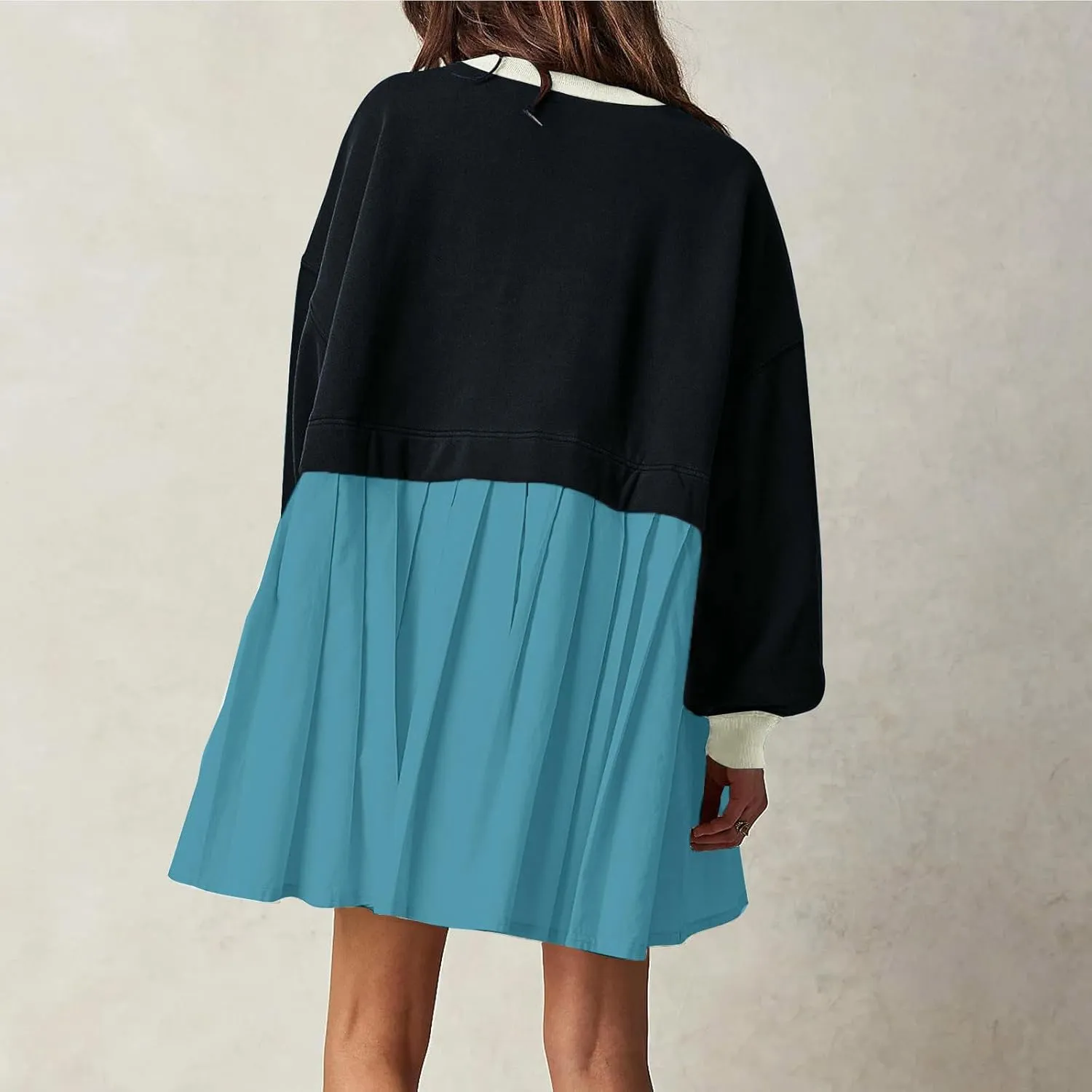 TANGNADE Women Oversized Sweatshirt Dress Long Sleeve Crewneck Patchwork Pleated Pullover Mini Dresses Fall Outfits 2024