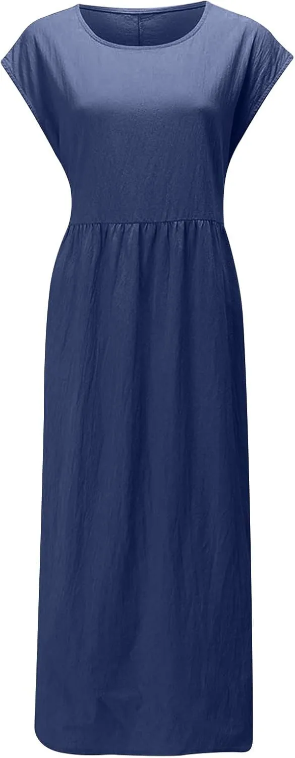 TANGNADE Womens Cotton Linen Maxi Dress Summer Solid Color Short Sleeve Crew Neck Dresses Plus Size Flowy Beach Dress