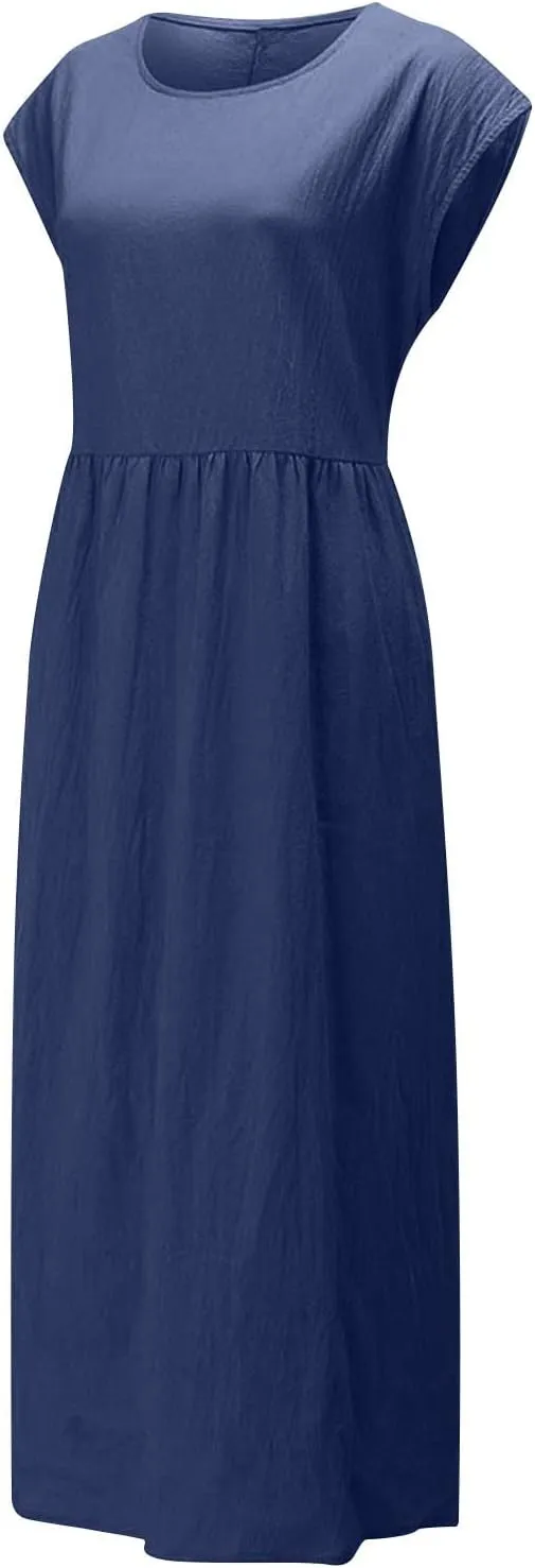 TANGNADE Womens Cotton Linen Maxi Dress Summer Solid Color Short Sleeve Crew Neck Dresses Plus Size Flowy Beach Dress
