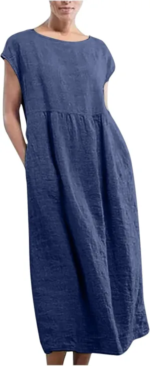 TANGNADE Womens Cotton Linen Maxi Dress Summer Solid Color Short Sleeve Crew Neck Dresses Plus Size Flowy Beach Dress