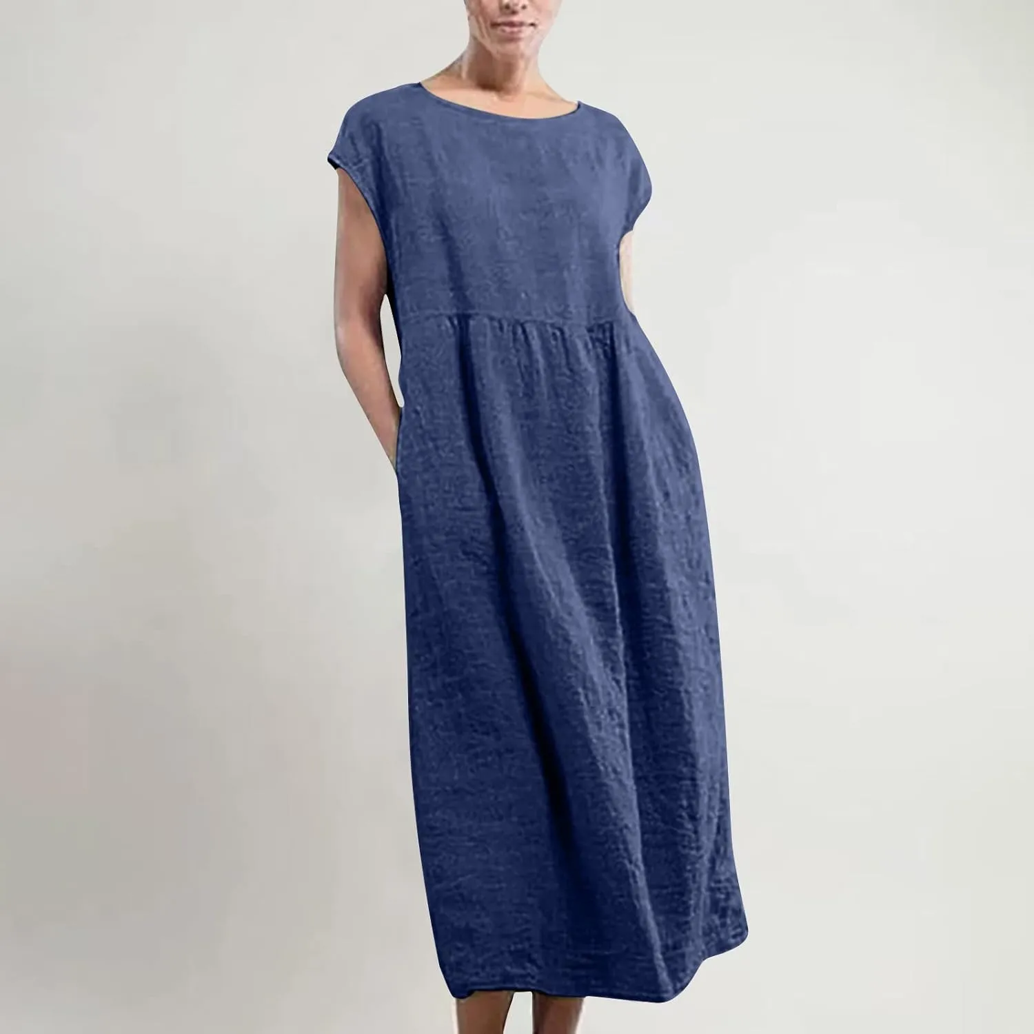 TANGNADE Womens Cotton Linen Maxi Dress Summer Solid Color Short Sleeve Crew Neck Dresses Plus Size Flowy Beach Dress