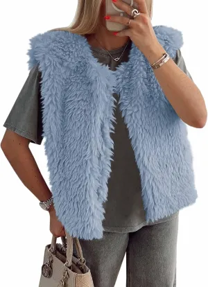 Tankaneo Womens Faux Fur Vest Cropped Sleeveless Warm Winter Shaggy Open Front Outerwear Vest