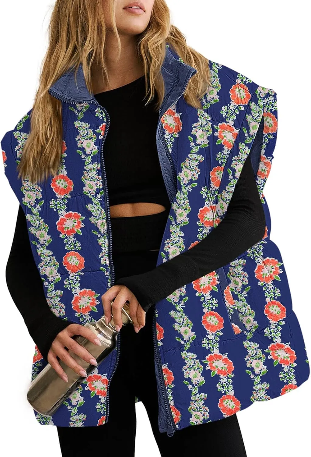Tankaneo Womens Floral Oversized Puffer Vest Cap Sleeve Winter Warm Puffy Quilted Jackets Coat