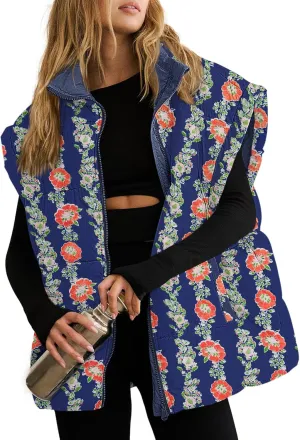 Tankaneo Womens Floral Oversized Puffer Vest Cap Sleeve Winter Warm Puffy Quilted Jackets Coat
