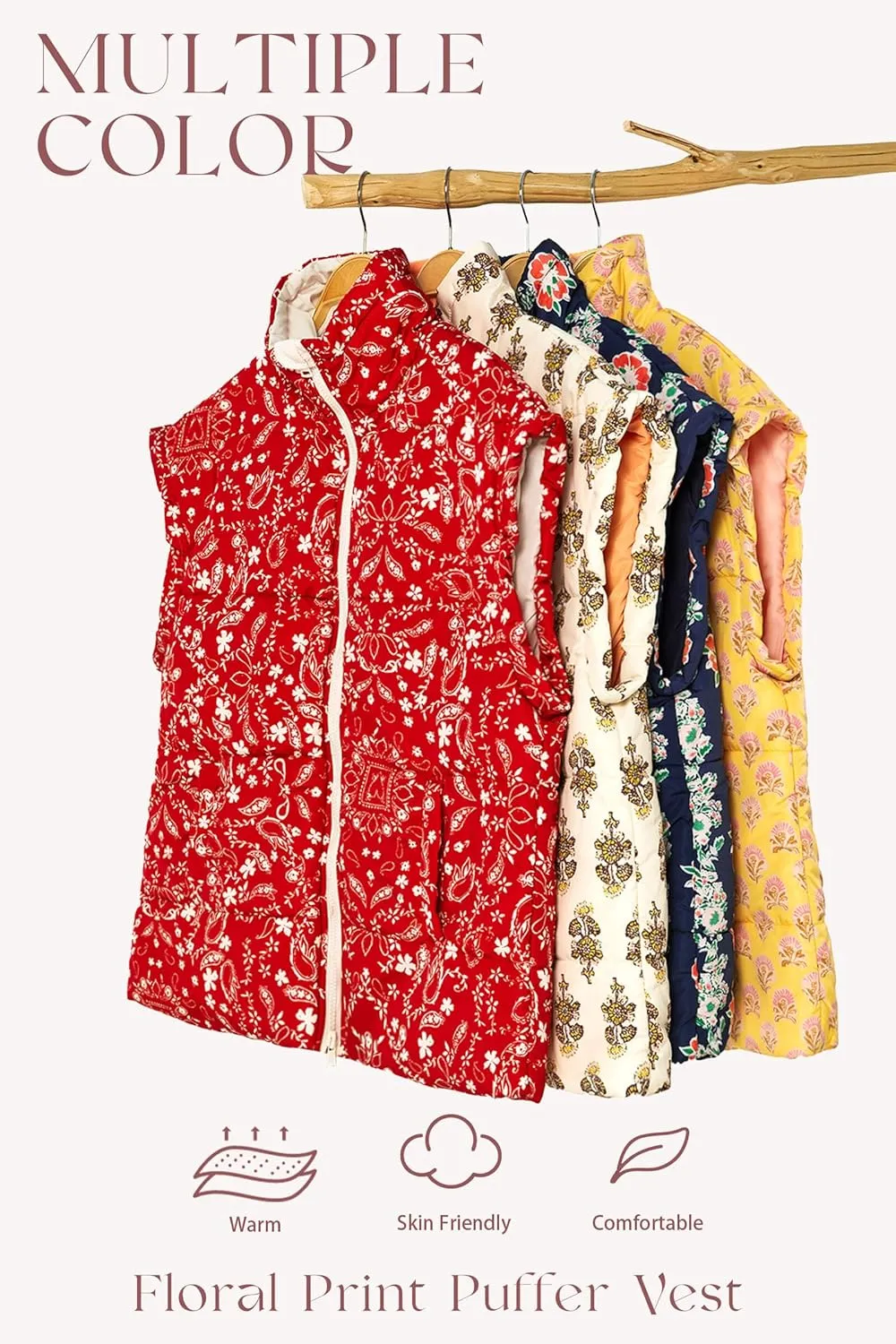 Tankaneo Womens Floral Oversized Puffer Vest Cap Sleeve Winter Warm Puffy Quilted Jackets Coat