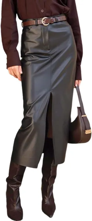 THLAI Womens Faux Leather Pencil Long Skirt High Waist Split Retro Maxi Without Belt Skirt