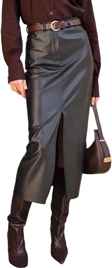 THLAI Womens Faux Leather Pencil Long Skirt High Waist Split Retro Maxi Without Belt Skirt