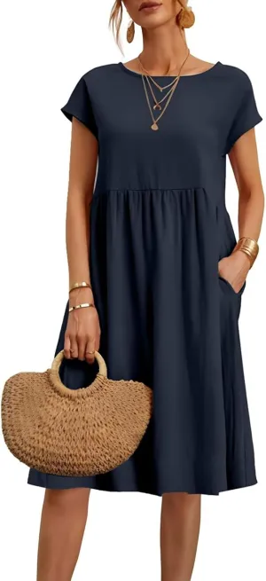 today 2024 my account Dresses for Women 2024 Casual Summer Plus Size Short Sleeves Cute Floral Print Cotton Linen Midi Dress Trendy Flowy Boho Beach Sundress with Pockets, Large, 04-navy