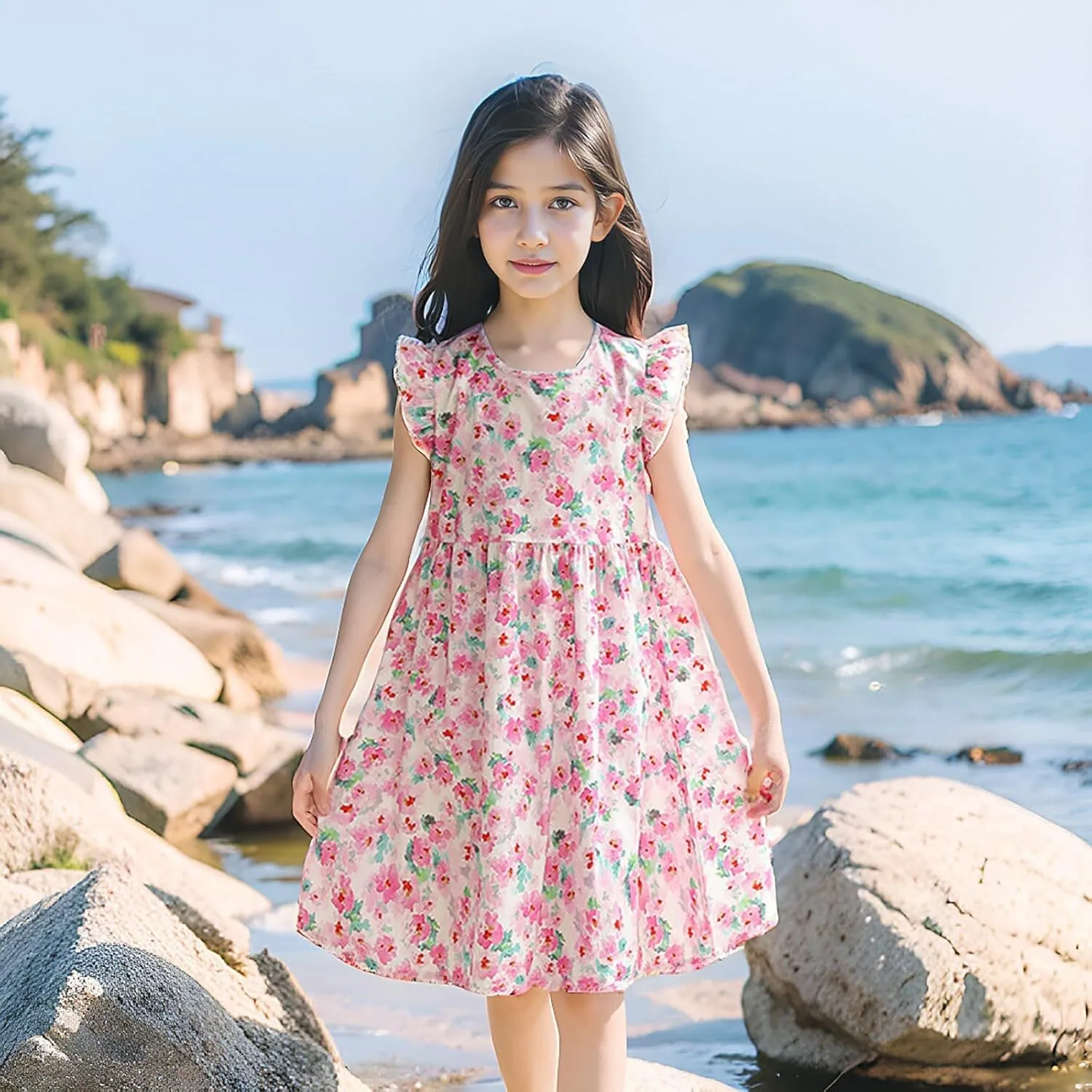 Toddler Dress Girls Ruffle Short Sleeve Summer Beach Dresses Casual Solid Color Cotton Sundress Tea Party Clothes