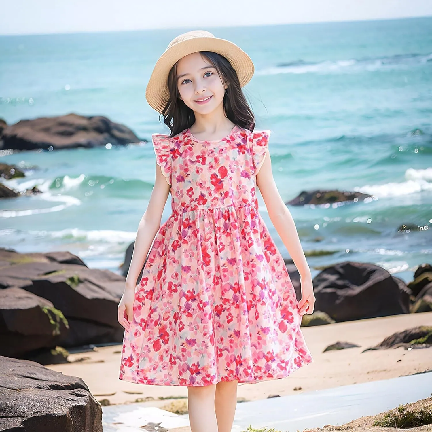 Toddler Dress Girls Ruffle Short Sleeve Summer Beach Dresses Casual Solid Color Cotton Sundress Tea Party Clothes