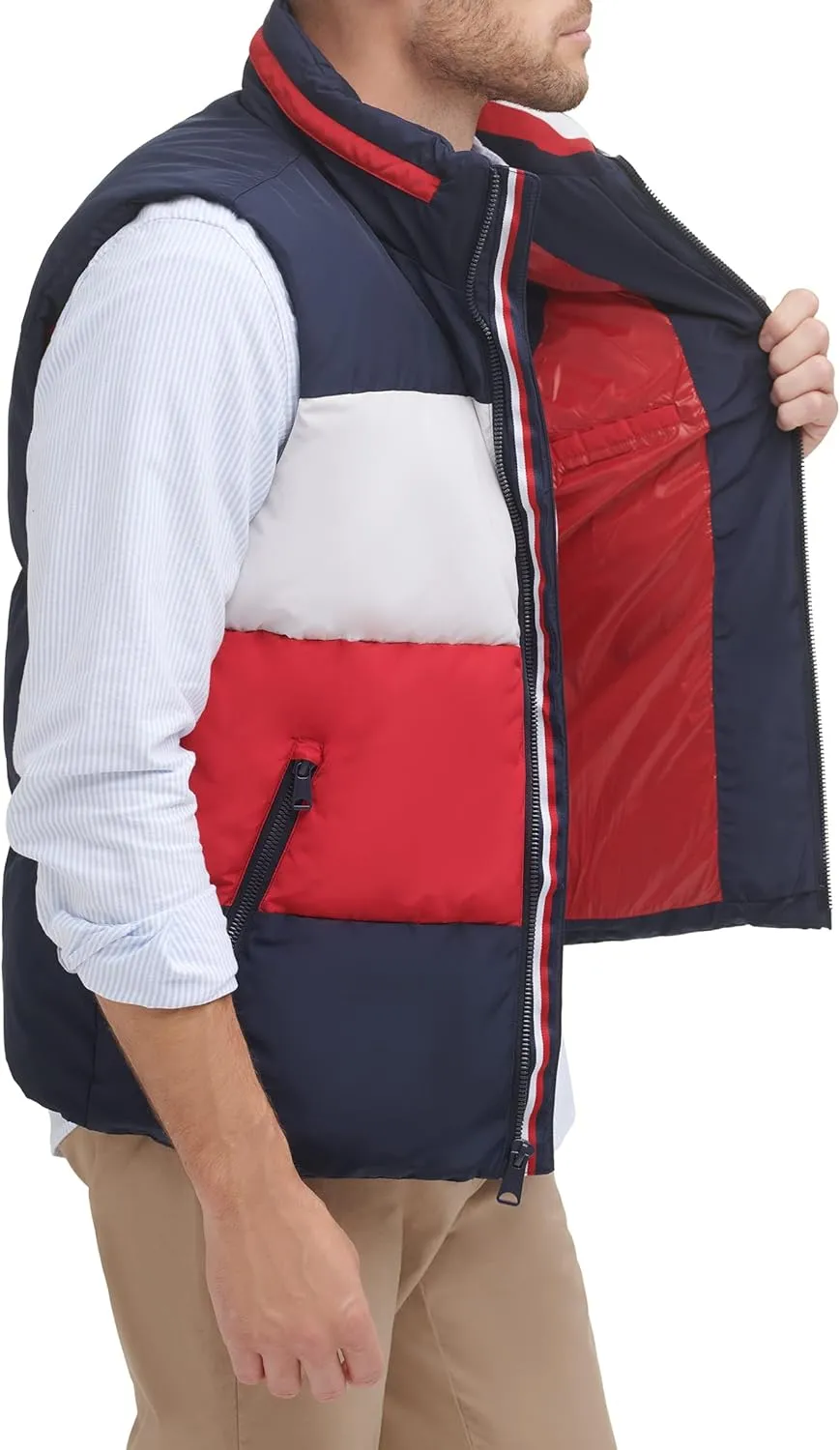 Tommy Hilfiger Men's Quilted Stand Collar Vest, Midnight/Ice/Red, X-Large