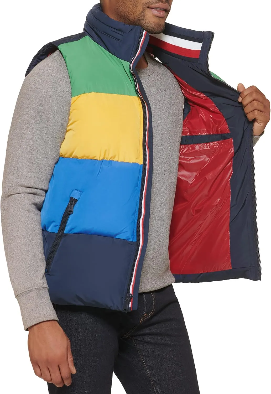 Tommy Hilfiger Men's Quilted Stand Collar Vest, Midnight/Ice/Red, X-Large