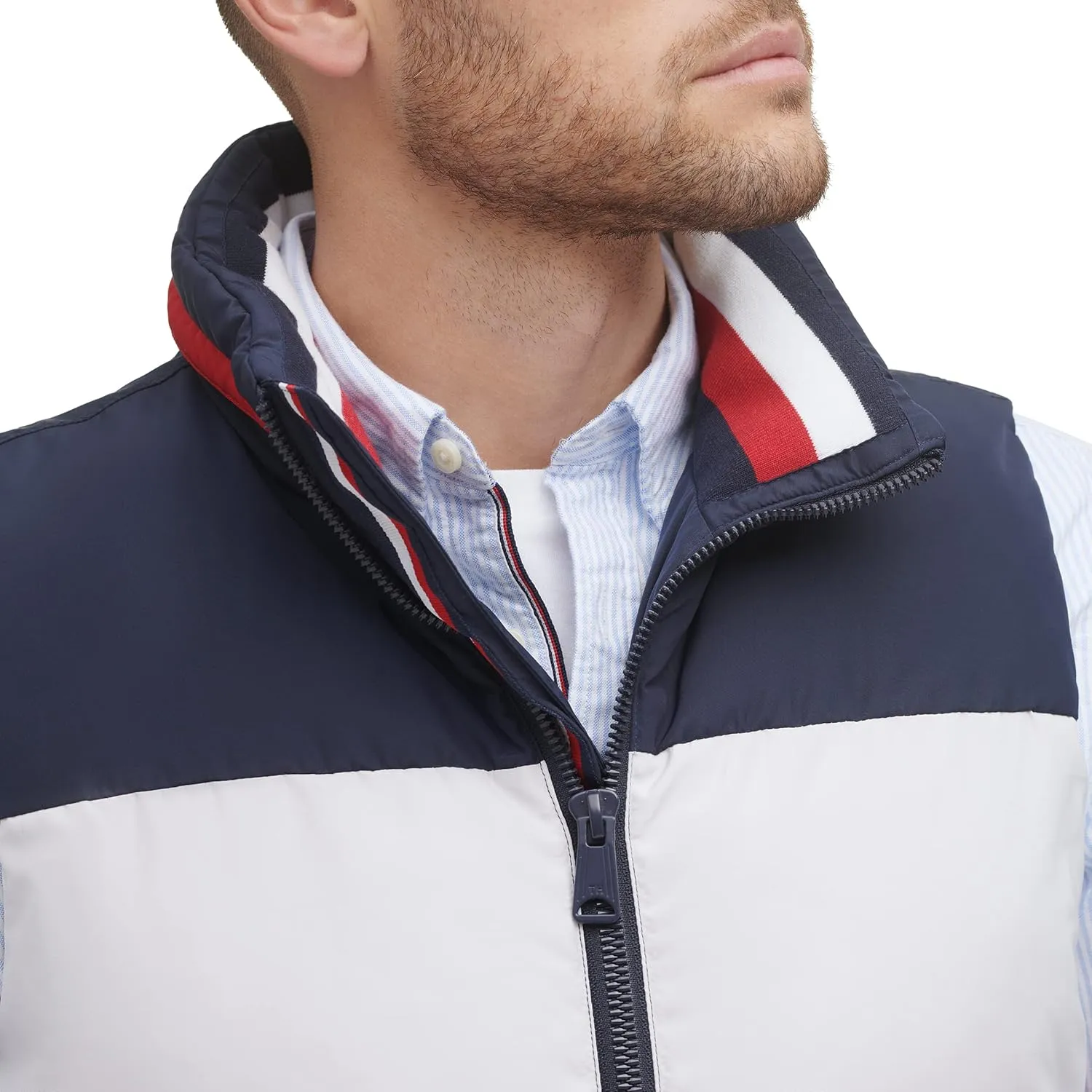 Tommy Hilfiger Men's Quilted Stand Collar Vest, Midnight/Ice/Red, X-Large