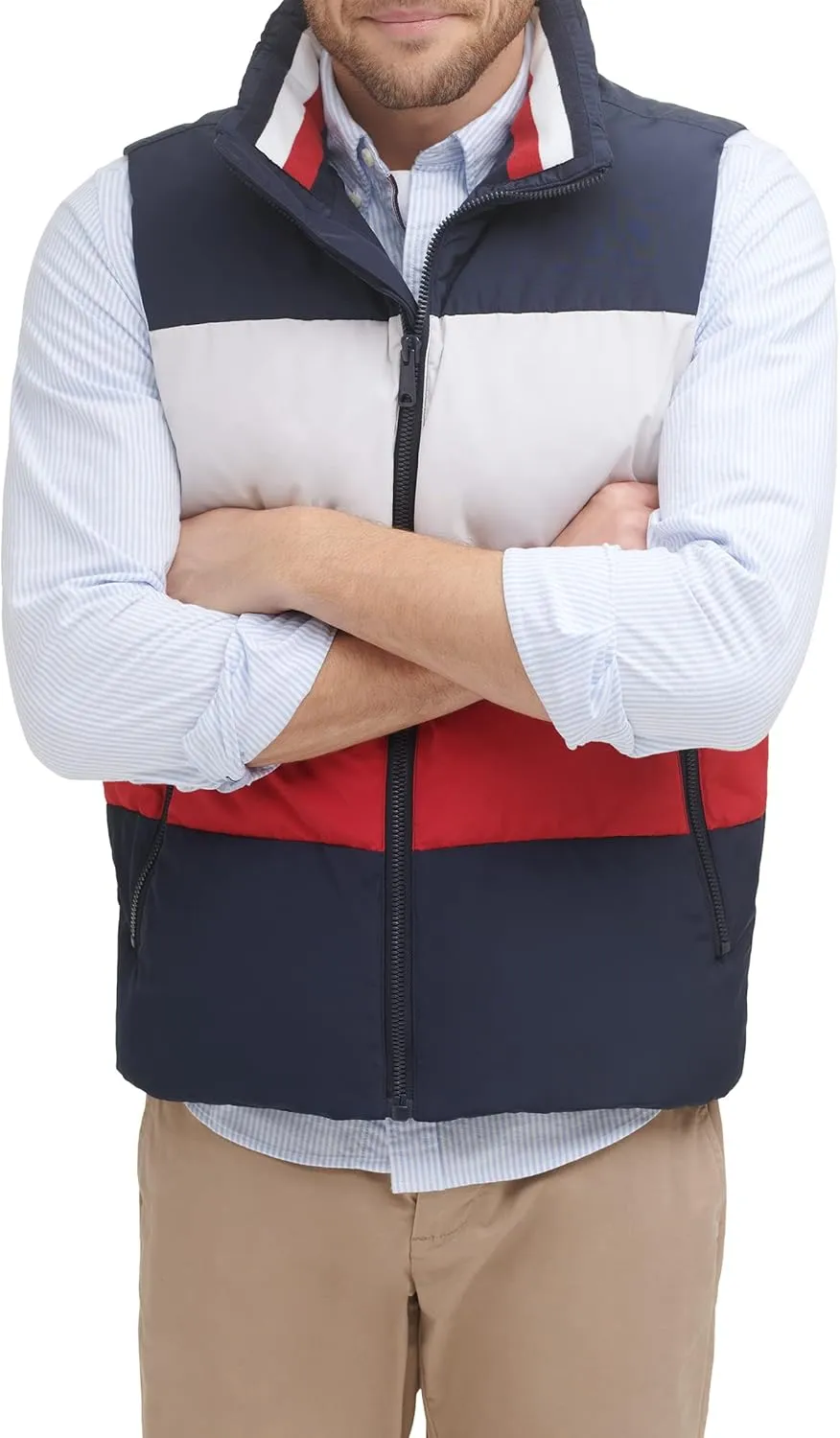 Tommy Hilfiger Men's Quilted Stand Collar Vest, Midnight/Ice/Red, X-Large