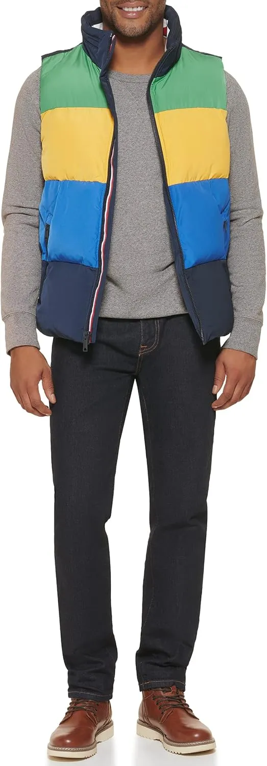 Tommy Hilfiger Men's Quilted Stand Collar Vest, Midnight/Ice/Red, X-Large