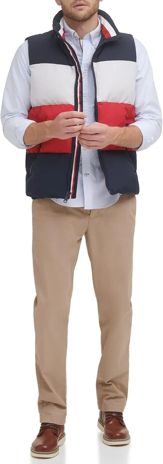 Tommy Hilfiger Men's Quilted Stand Collar Vest, Midnight/Ice/Red, X-Large