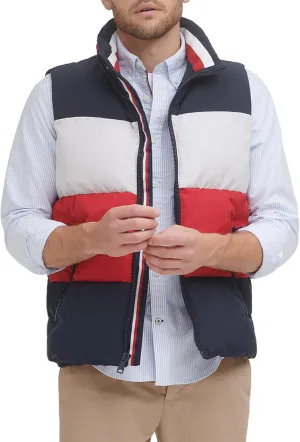 Tommy Hilfiger Men's Quilted Stand Collar Vest, Midnight/Ice/Red, X-Large