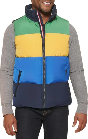 Tommy Hilfiger Men's Quilted Stand Collar Vest, Midnight/Ice/Red, X-Large