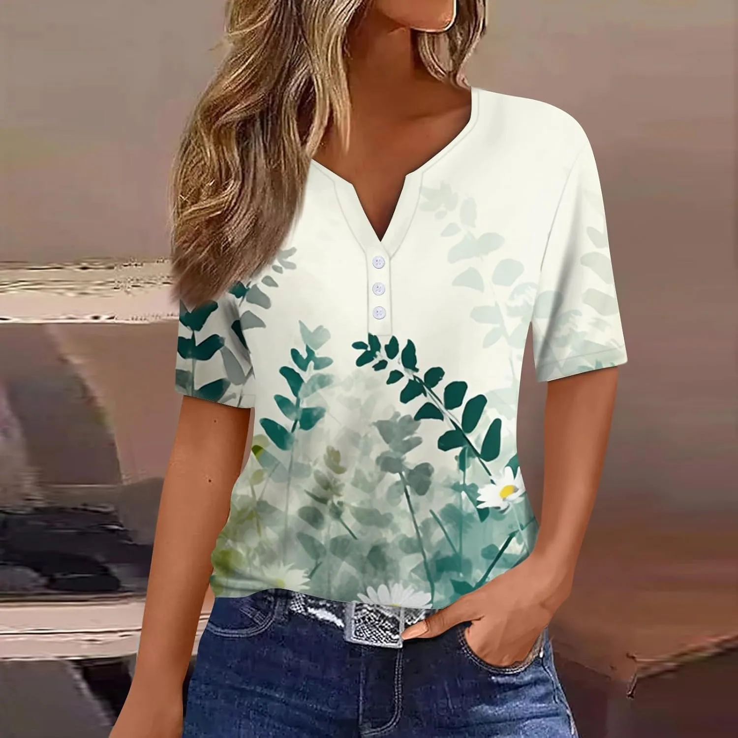 Tops for Women Trendy Button Down V Neck Tunics Henley Trendy Blouse Printed Summer Tops Vacation Tees Pullover