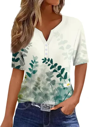 Tops for Women Trendy Button Down V Neck Tunics Henley Trendy Blouse Printed Summer Tops Vacation Tees Pullover