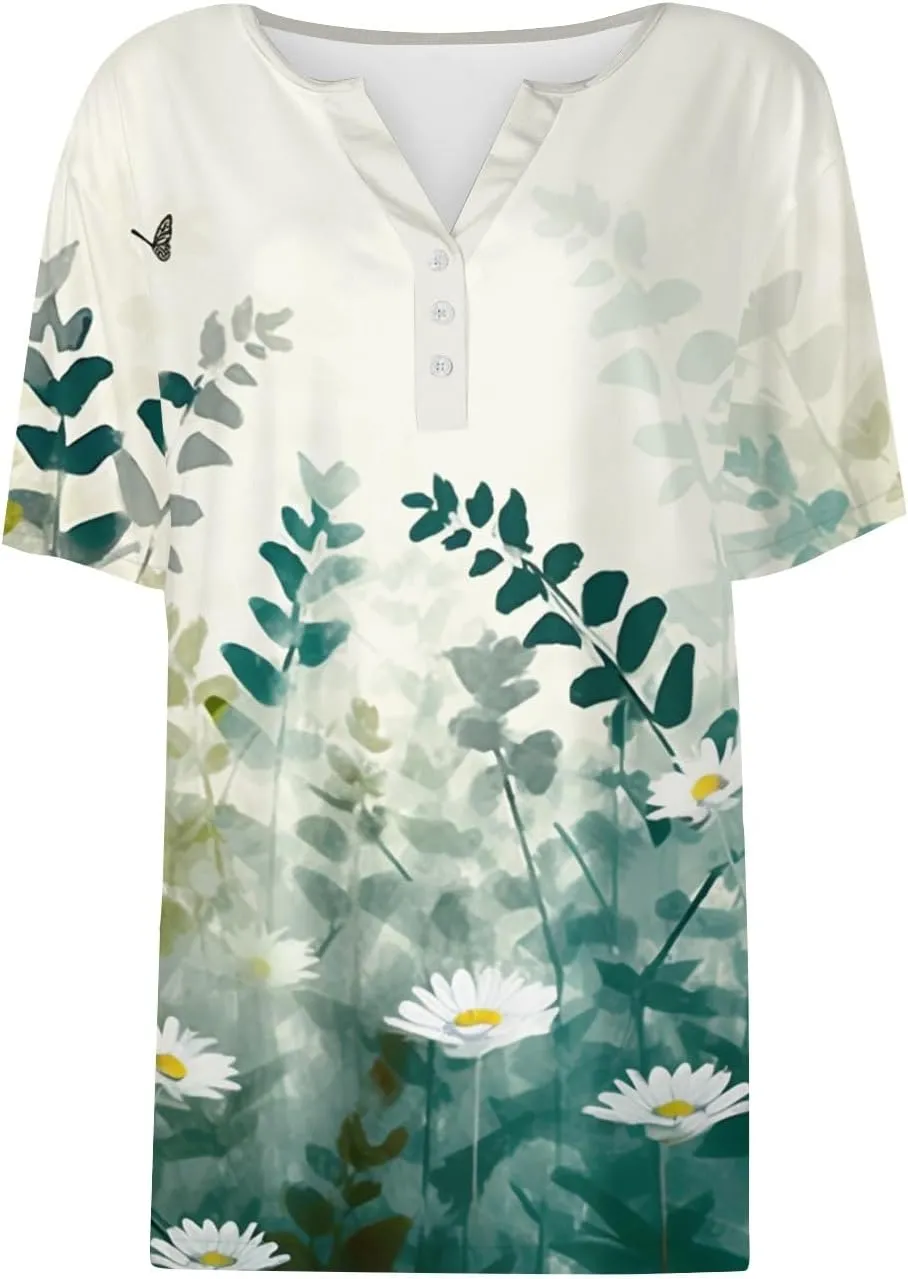 Tops for Women Trendy Button Down V Neck Tunics Henley Trendy Blouse Printed Summer Tops Vacation Tees Pullover