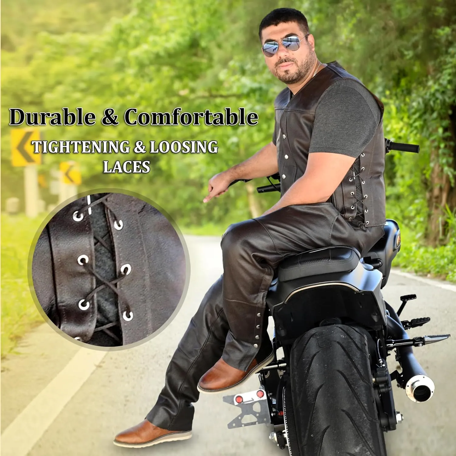 Touch&Torn Motorcycle Leather Vest for Men With Concealed Pocket Adjustable Laces Biker Riders Leather Vest
