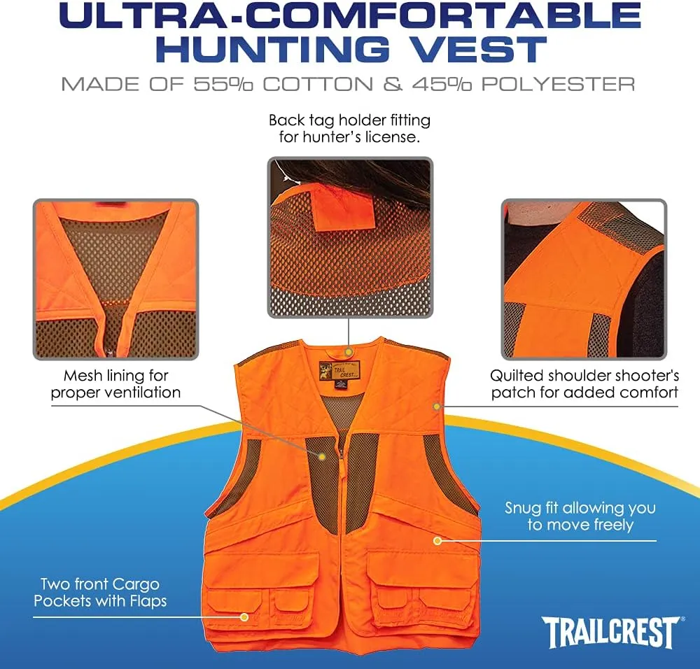 TrailCrest by Treel Men's Upland Deluxe Blaze Orange Safety Front Loader High Visibility Vest