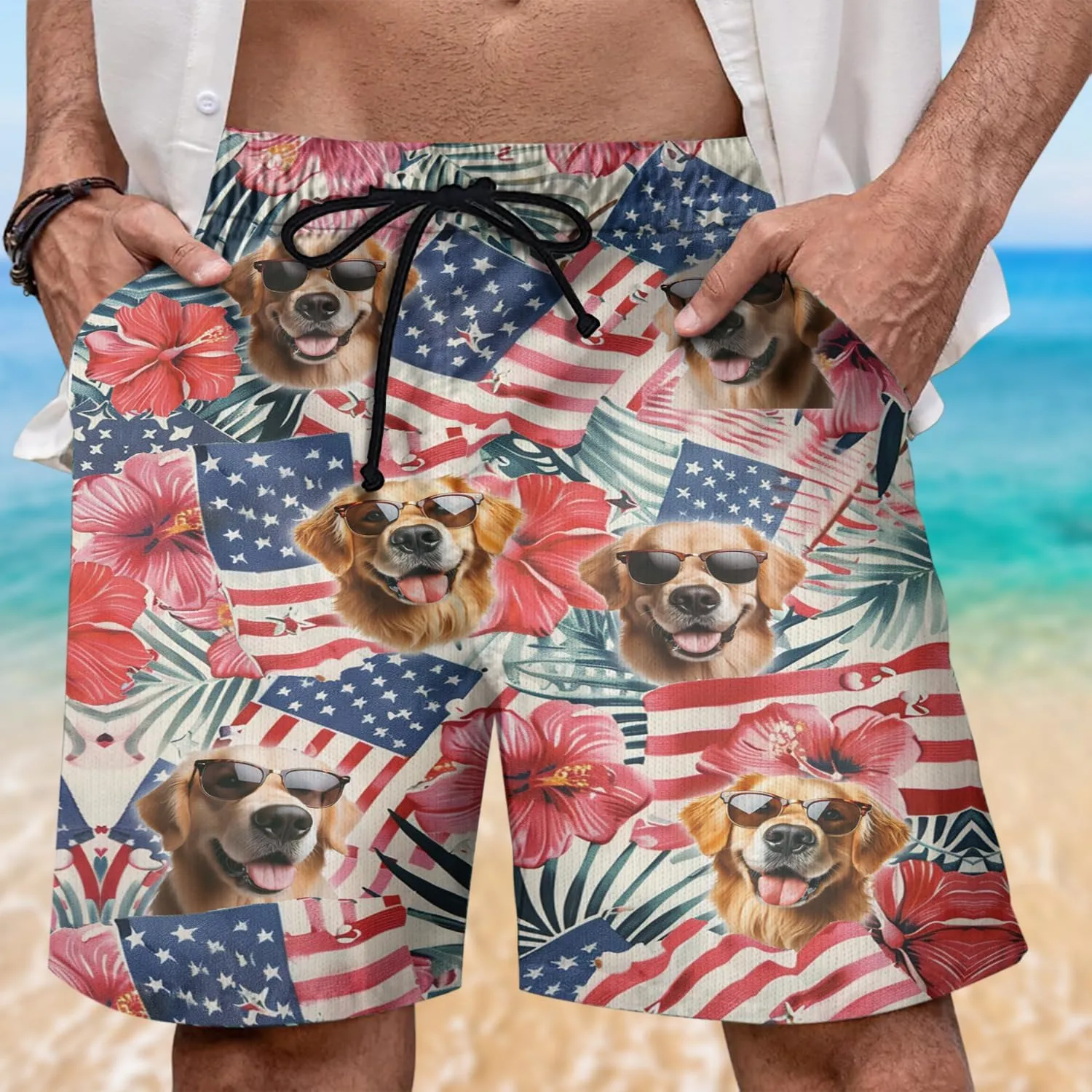 Tropical Dog Mens Swim Trunks - US Patriot Hawaiian Mens Shorts Casual, Summer Drawstring Beachwear Shorts