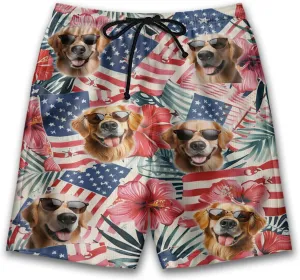 Tropical Dog Mens Swim Trunks - US Patriot Hawaiian Mens Shorts Casual, Summer Drawstring Beachwear Shorts