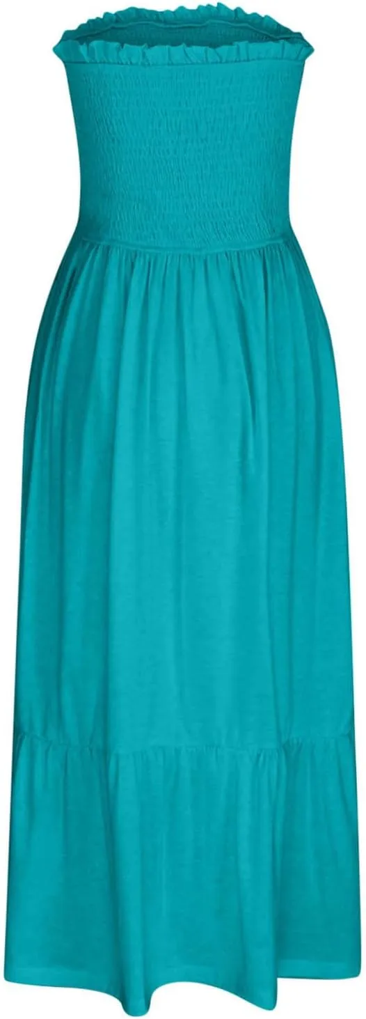 Tube Top Dress for Women Summer Solid Strapless Smocked Off Shoulder Boho Beach Dress Flowy Ruffle Long Maxi Dresses