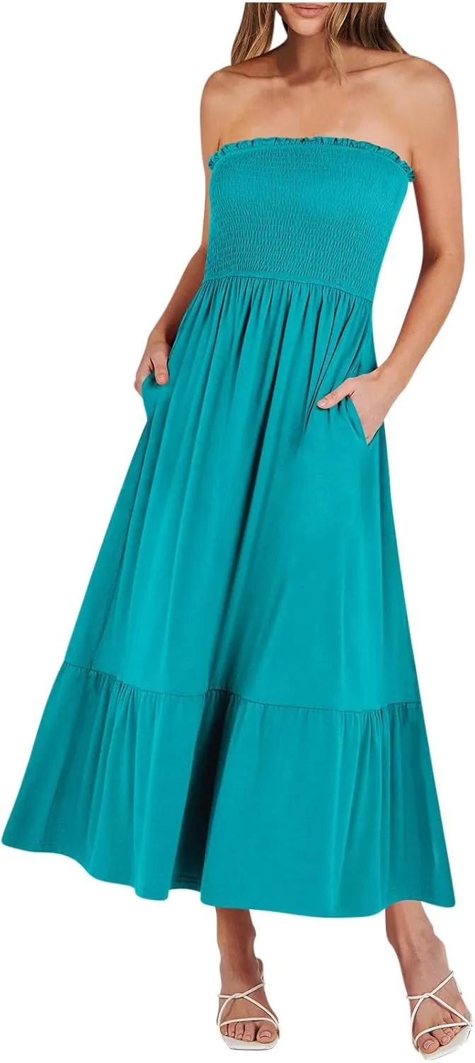 Tube Top Dress for Women Summer Solid Strapless Smocked Off Shoulder Boho Beach Dress Flowy Ruffle Long Maxi Dresses