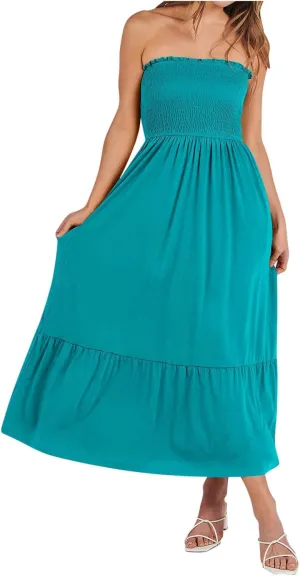 Tube Top Dress for Women Summer Solid Strapless Smocked Off Shoulder Boho Beach Dress Flowy Ruffle Long Maxi Dresses