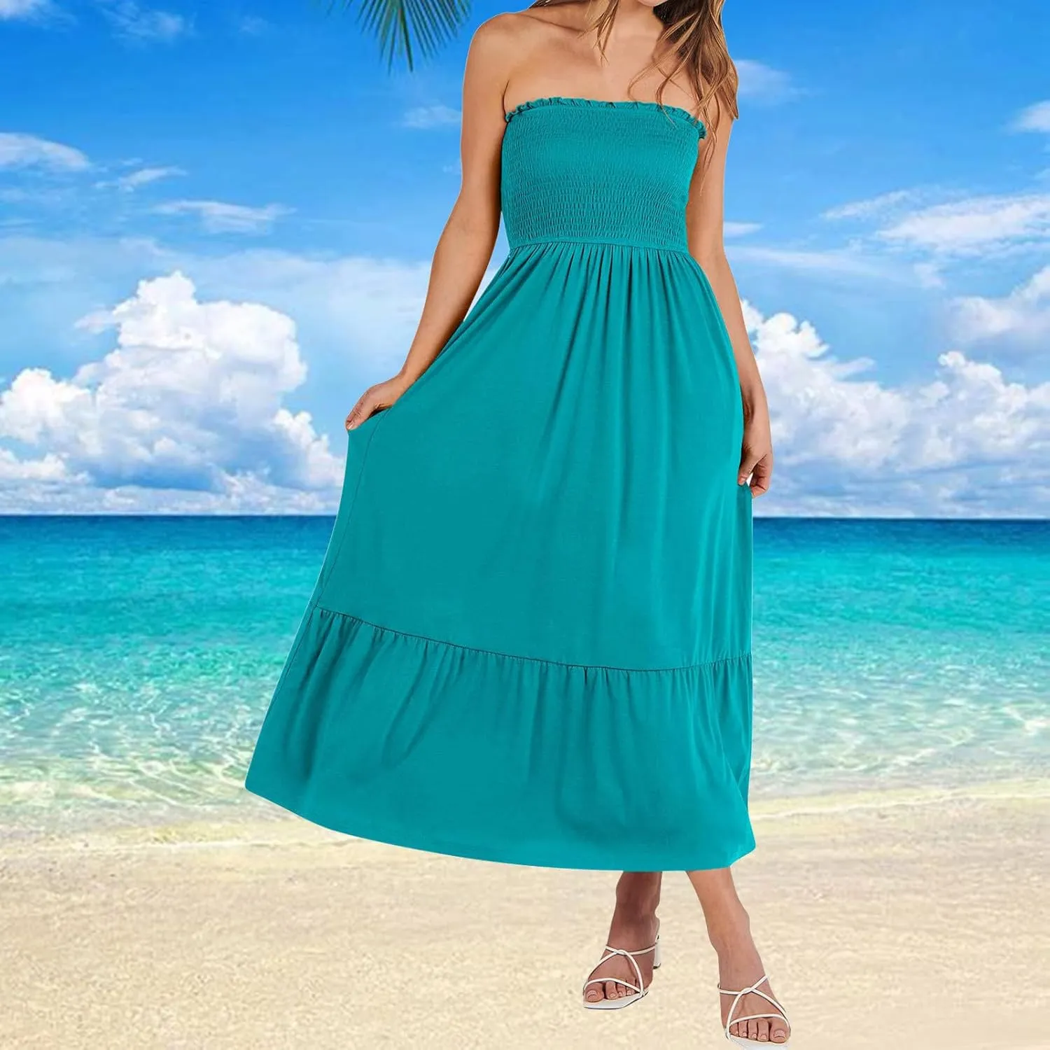 Tube Top Dress for Women Summer Solid Strapless Smocked Off Shoulder Boho Beach Dress Flowy Ruffle Long Maxi Dresses