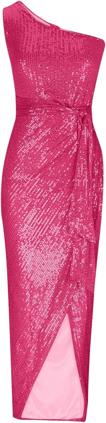 Uillui Women's Elegant Ruched Sequin Gowns Sexy One Shoulder Split Bodycon Maxi Formal Dress Glitter Sparkle Evening Dresses