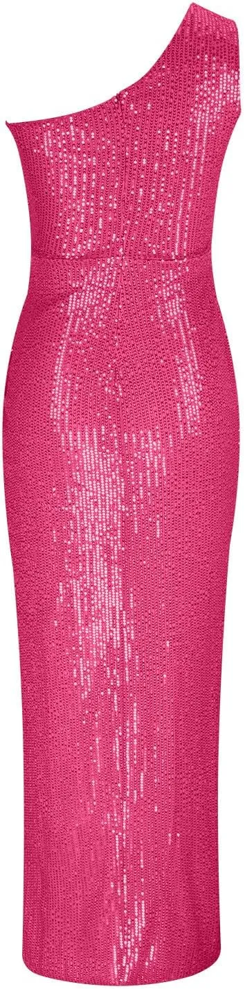 Uillui Women's Elegant Ruched Sequin Gowns Sexy One Shoulder Split Bodycon Maxi Formal Dress Glitter Sparkle Evening Dresses