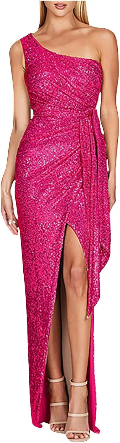 Uillui Women's Elegant Ruched Sequin Gowns Sexy One Shoulder Split Bodycon Maxi Formal Dress Glitter Sparkle Evening Dresses