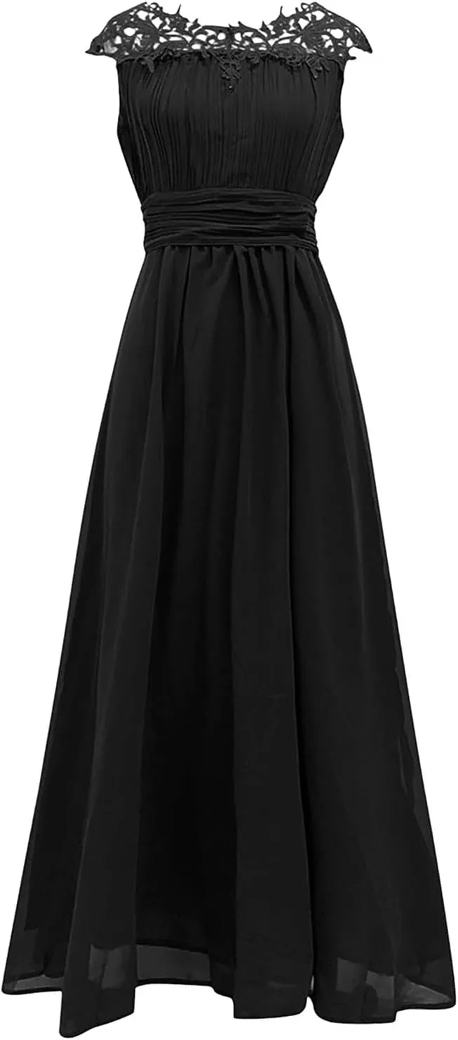 Uillui Womnes Gowns and Evening Dresses for Wedding Guest Fairy Lace Crochet Chiffon Maxi Dresses Formal Evening Party Gowns