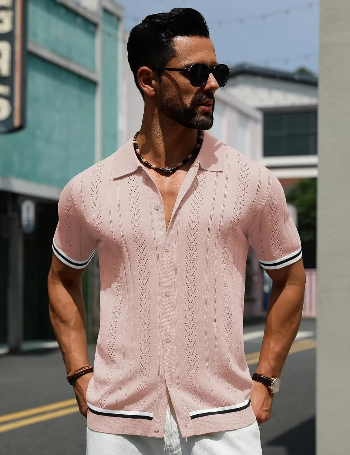 URRU Men's Knit Button Down Polo Shirt Short Sleeve Vintage Casual Summer Beach Tops