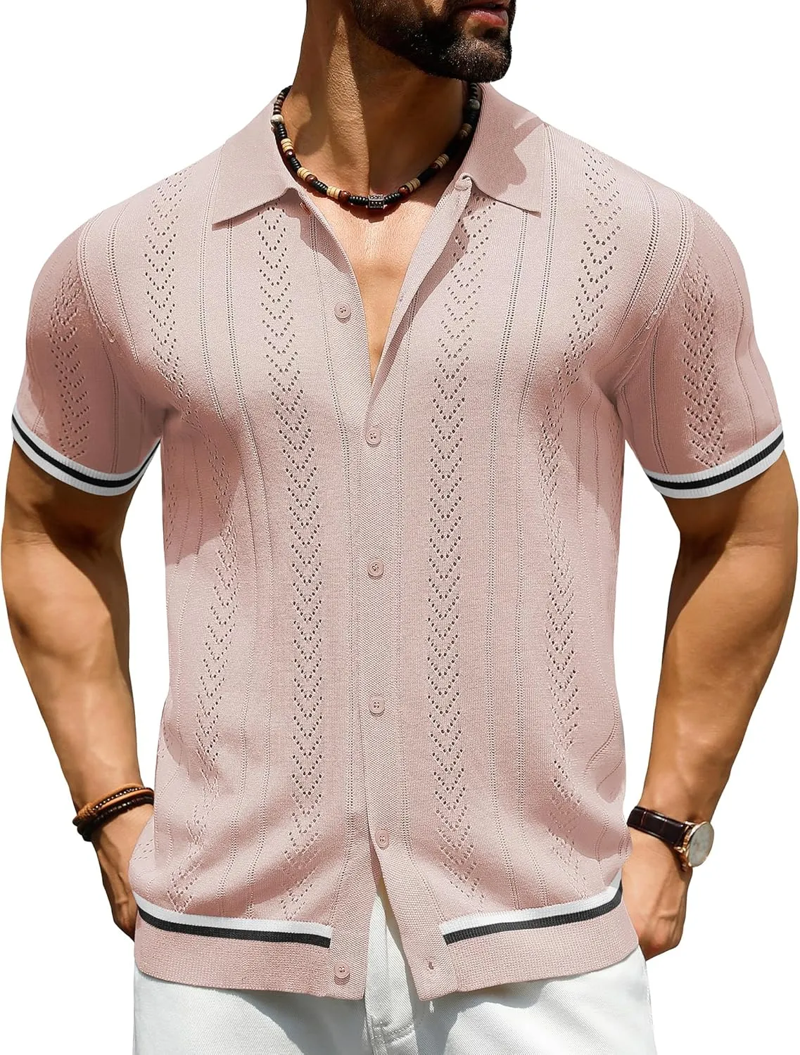 URRU Men's Knit Button Down Polo Shirt Short Sleeve Vintage Casual Summer Beach Tops